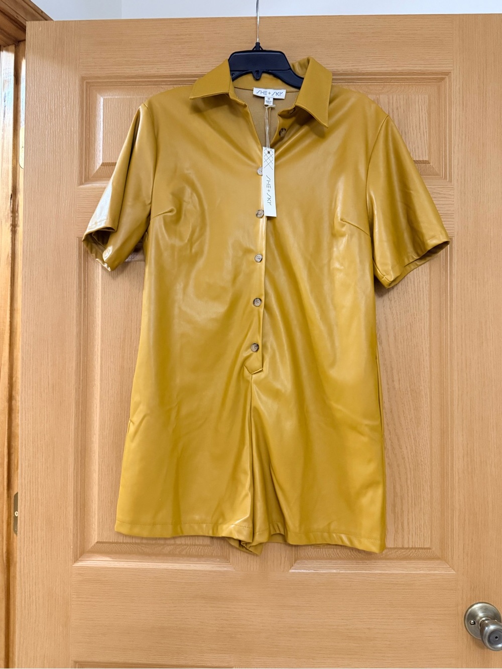 She + Sky Faux Leather Romper in Mustard